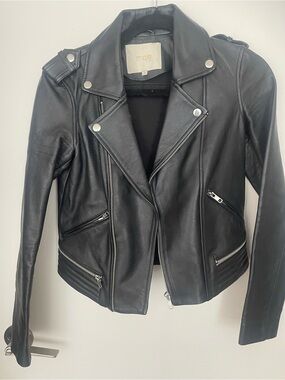 Maje Black Leather Biker Jacket with Silver Hardware